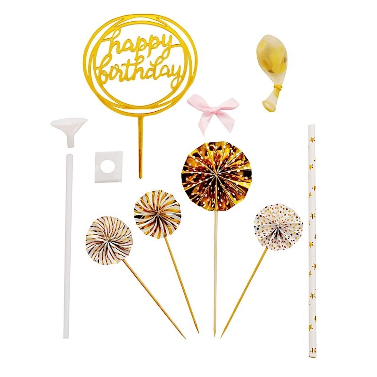 Happy Birthday Cake Topper Set with Paper Fans and Confetti Balloon Decorations